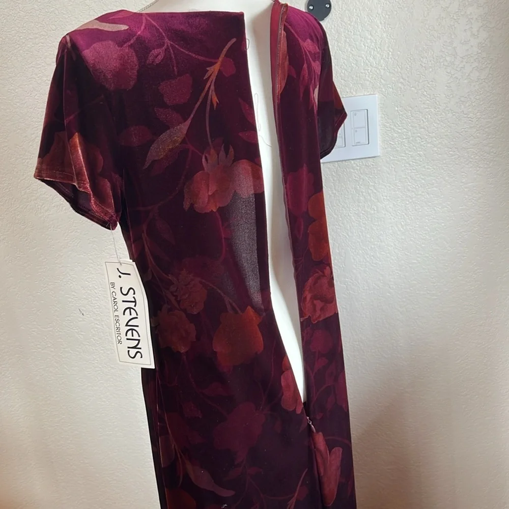 Vintage velour, long dress that has a gorgeous plum/orange floral pattern. - Picture 5 of 6